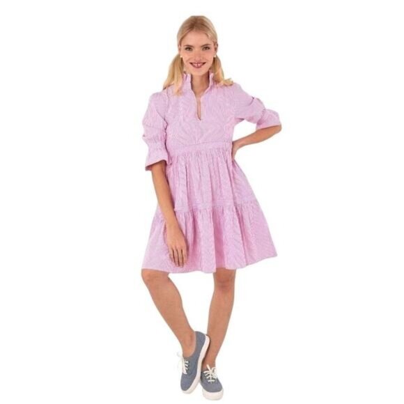 Gretchen Scott Teardrop Pink Stripe Poly Dress Women's Size Medium Ruffle Tiered - Picture 3 of 8